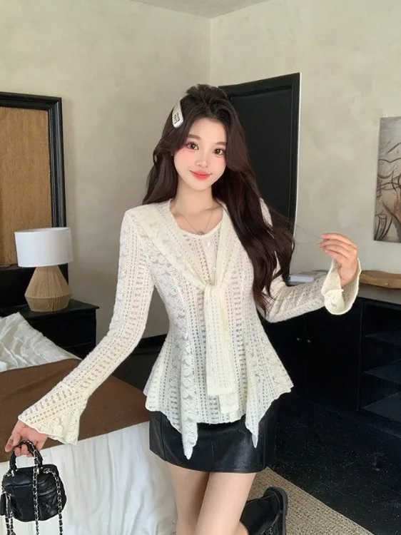 

Женская футболка больших размеров с круглым вырезом и завязками на плечах, с длинными рукавами, осенне-зимняя, новый дизайн, асимметричный топ в корейском стиле