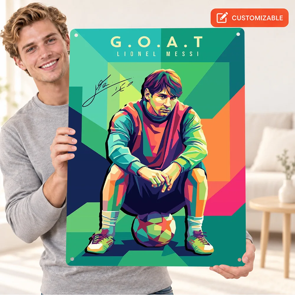 Lionel Messi Sitting On Ball Textured Metal Poster Customized Aluminum Sign Seated Football Graphic Wall Art For Sports Lounge