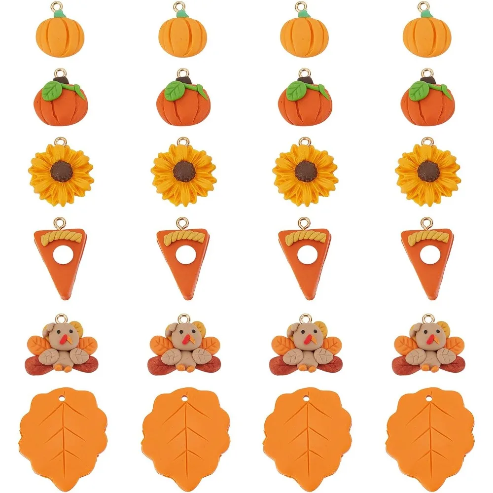 

1 Box 24Pcs Thanksgiving Charms Leaf Charm Handmade Polymer Clay Charms Fall Autumn Animal Turkey Charm Pizza Pumpkin Sunflower