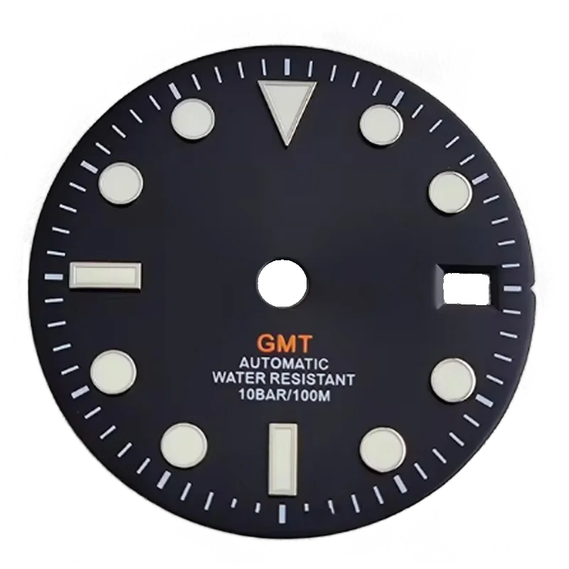 28.5mm gmt relógio dial rosto apto para movimento nh 34 35 36 movimento direito brilho noturno acessórios único calendário logotipo personalizado