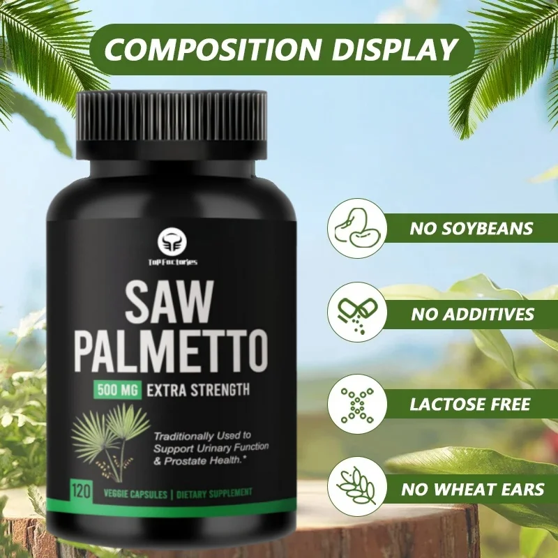 Suplemento de próstata Saw Palmetto masculino, bloqueador DHT para crescimento capilar e minção frequente reduzida, cápsulas veganas, 120 contagens