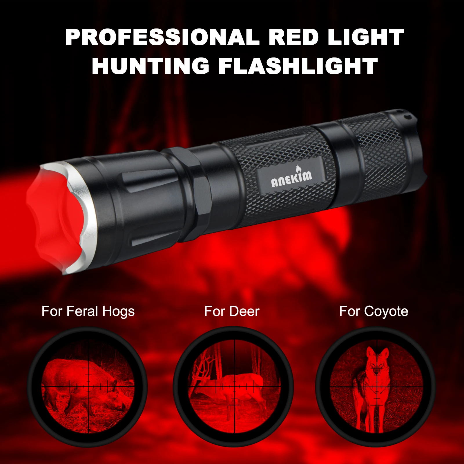 ANEKIM Zoom LED Red Torch X Series, 400M Long Distance for 18650 USB Rechargeable Kit Tactical Hunting Flashlight