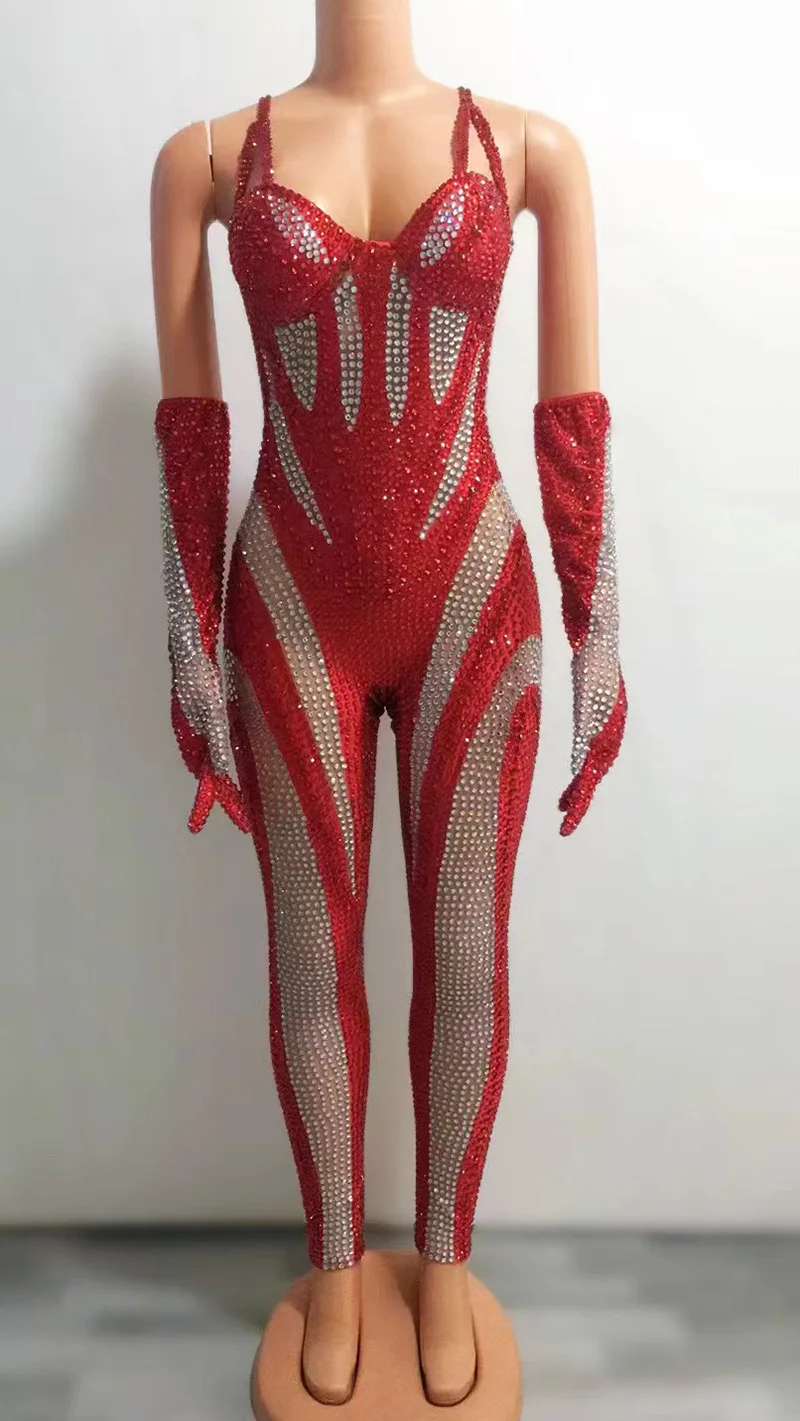 Women Sexy Black White Rhinestones Outfit Jumpsuit With Gloves Transparent Birthday Dance Stage Evening Celebrate Club Bodysuit image 3