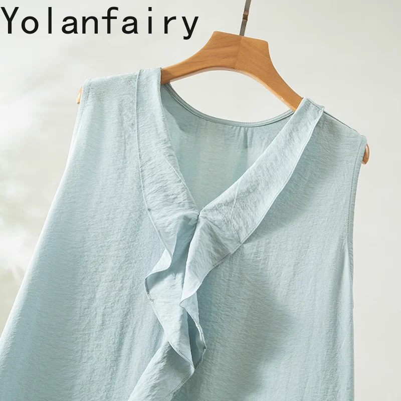 YOLANFAIRY 76% Mulberry Silk Woman Dresses Summer Elegant women Dress Lotus Leaf Edge Sleeveless Dresses Vestido Mujer Verano
