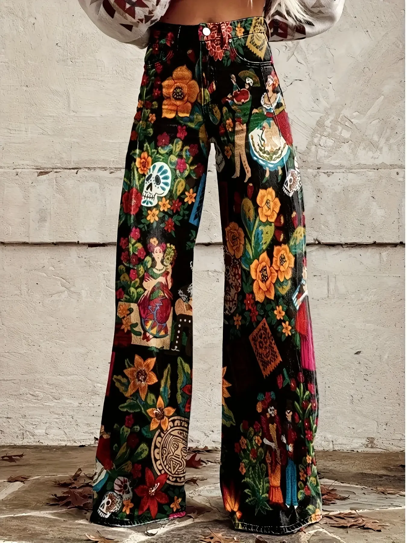 

Women's imitation denim printed high waisted flared pants retro fashion slimming versatile women's jeans,