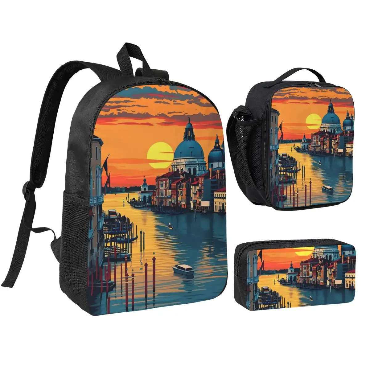 Venice Canal Italy Landscape Backpack Boys Girls BookBag School Bag Shoulder Bags 3ps Insulated Lunch Bag Pencil Case