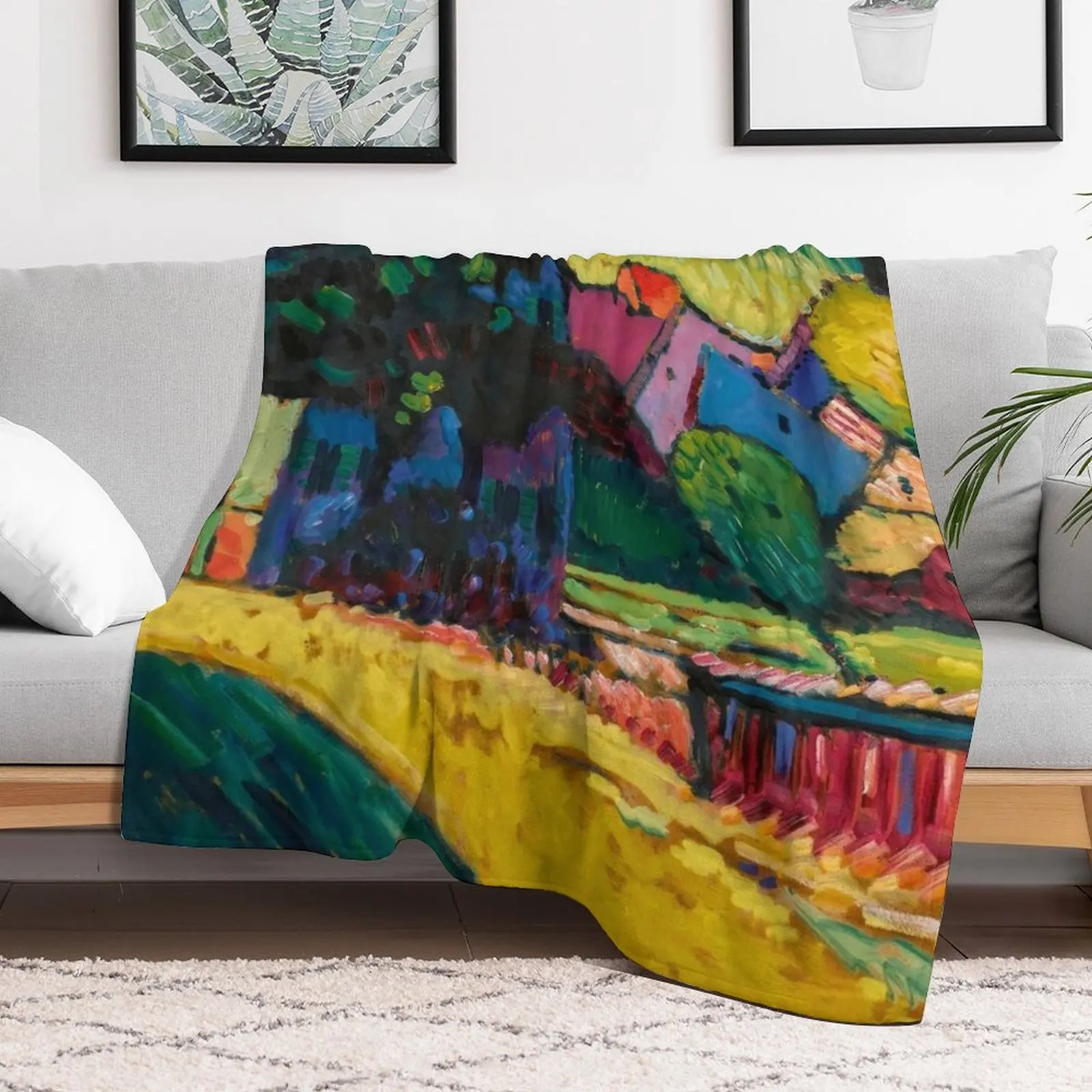 Wassily Kandinsky Murnau - Landscape with Green House Throw Blanket Warm Flannel Blanket for Couch Chair Bedroom
