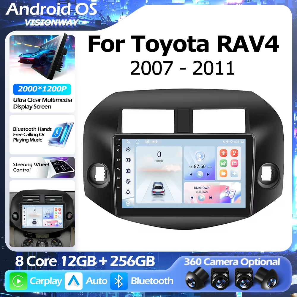 

Android 16 Bluetooth For Toyota RAV4 2007-2011 Car Radio Lntelligent Multimedia Player Auto Wireless CarPlay WIFI 4G DSP GPS