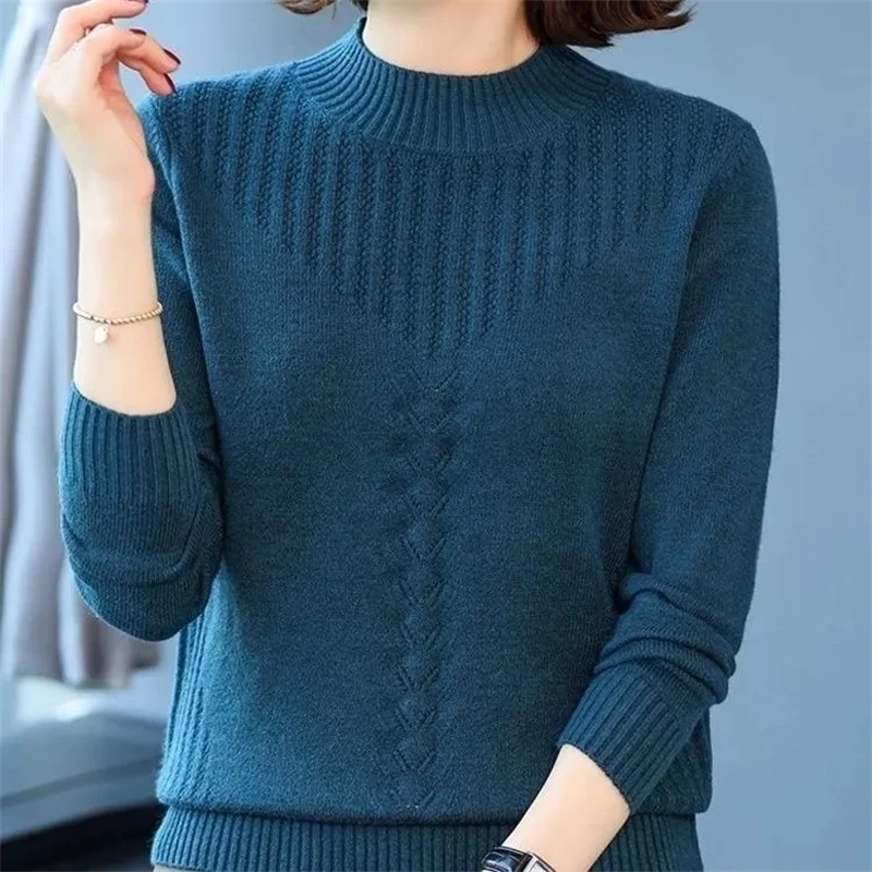 Suéteres informales de manga larga para mujer, Jersey de punto con cuello redondo, Tops básicos sólidos, ropa de moda, Otoño e Invierno