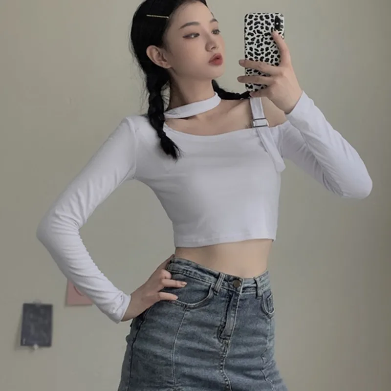 Sexy Fashion Korean Edition Irregular Hanging Neck Off Shoulder Sexy Slim Fit Off Navel Long sleeved T-shirt