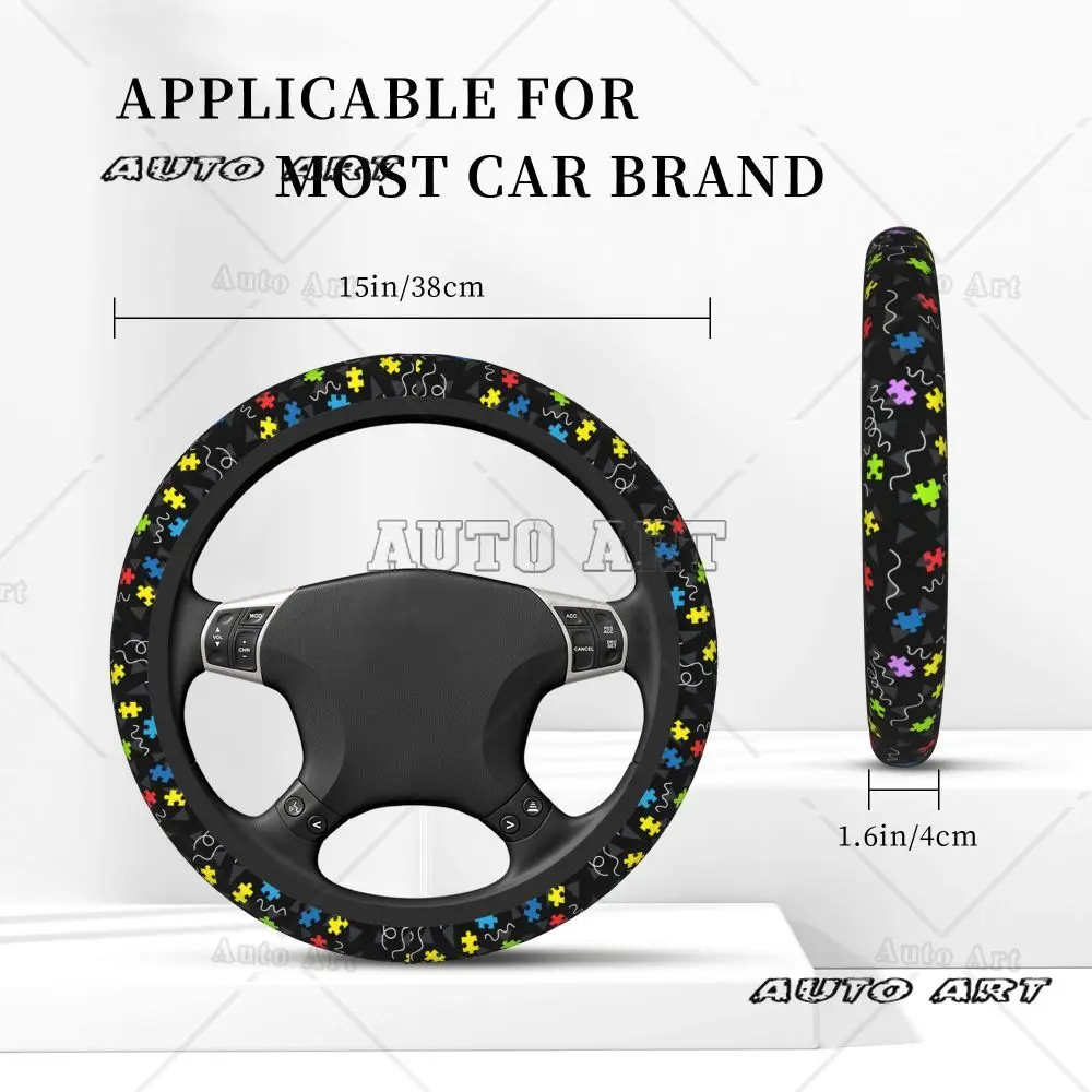 Świadomość autyzmu Kolorowy kawałek puzzli Pokrowiec na kierownicę samochodu Uniwersalny 14,5-15 cali Pogrubiony elastyczny pokrowiec na kierownicę