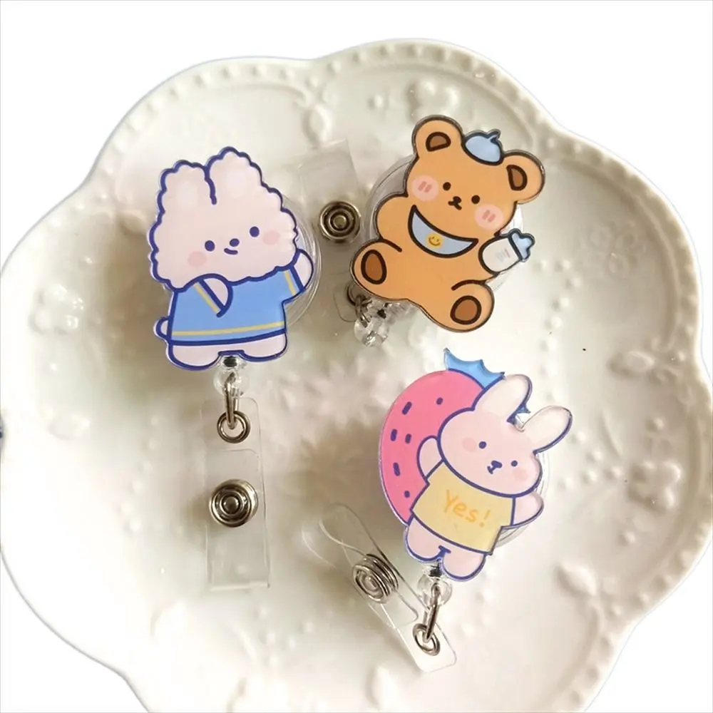 

Cute Bear Retractable Badge Reel Work Card Clip Name Tag ID Card Clips Acrylic Name Card Easy Pull Buckle Hospital Use
