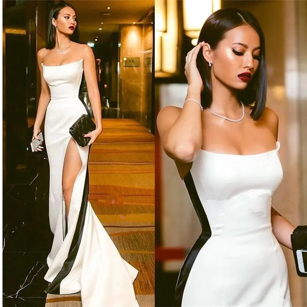 

2024Modest Black and White Evening Dresses Strapless High Side Split Sexy Long Prom Party Formal Gowns robe de soirée femme