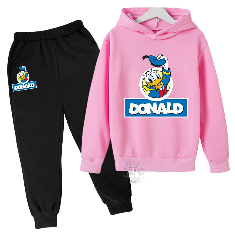 Disney Anime Cartoon Donald Duck Printed Children's Autumn/Winter Warm Hoodie+Pants Sports Set for Boys and Girls Aged 3-13