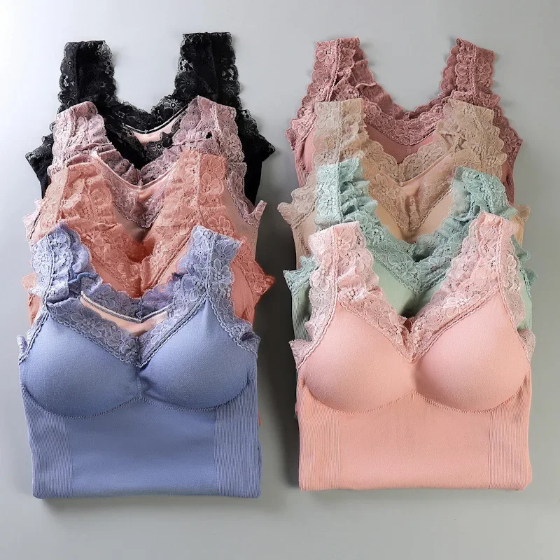 Nice Women's Intimates Autumn Winter Camisoles Lace Queen Velvet Thick Warm Tank Top Chest Cushion Slim Warm Underwear Women Tan