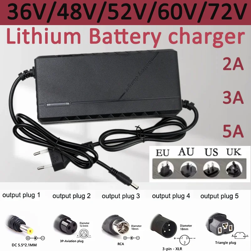 42V 54.6V 67.2V 84V Charger 2A 3A 5A 10S 13S 16S 20S Lithium Battery Pack US/EU/AU/UK Plug 36V 48V 60V 72V Smart Fast Charging