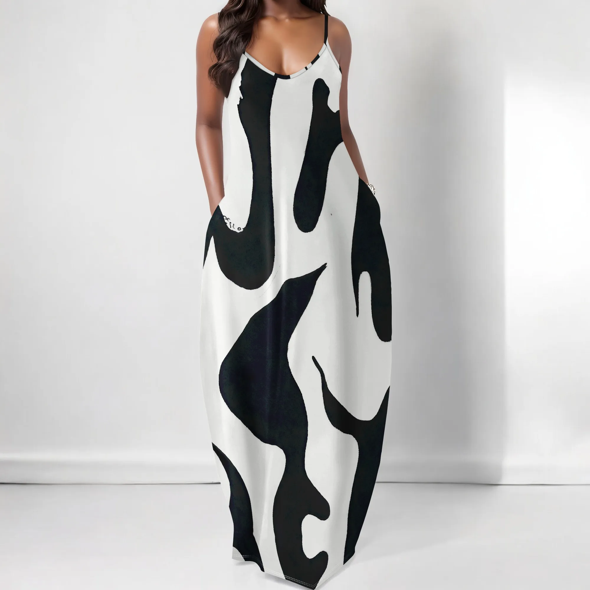 

Women's Abstract Print Maxi Dress Spaghetti Strap V-Neck Loose Fit Summer Beach Vacation & Party Dress With Pockets