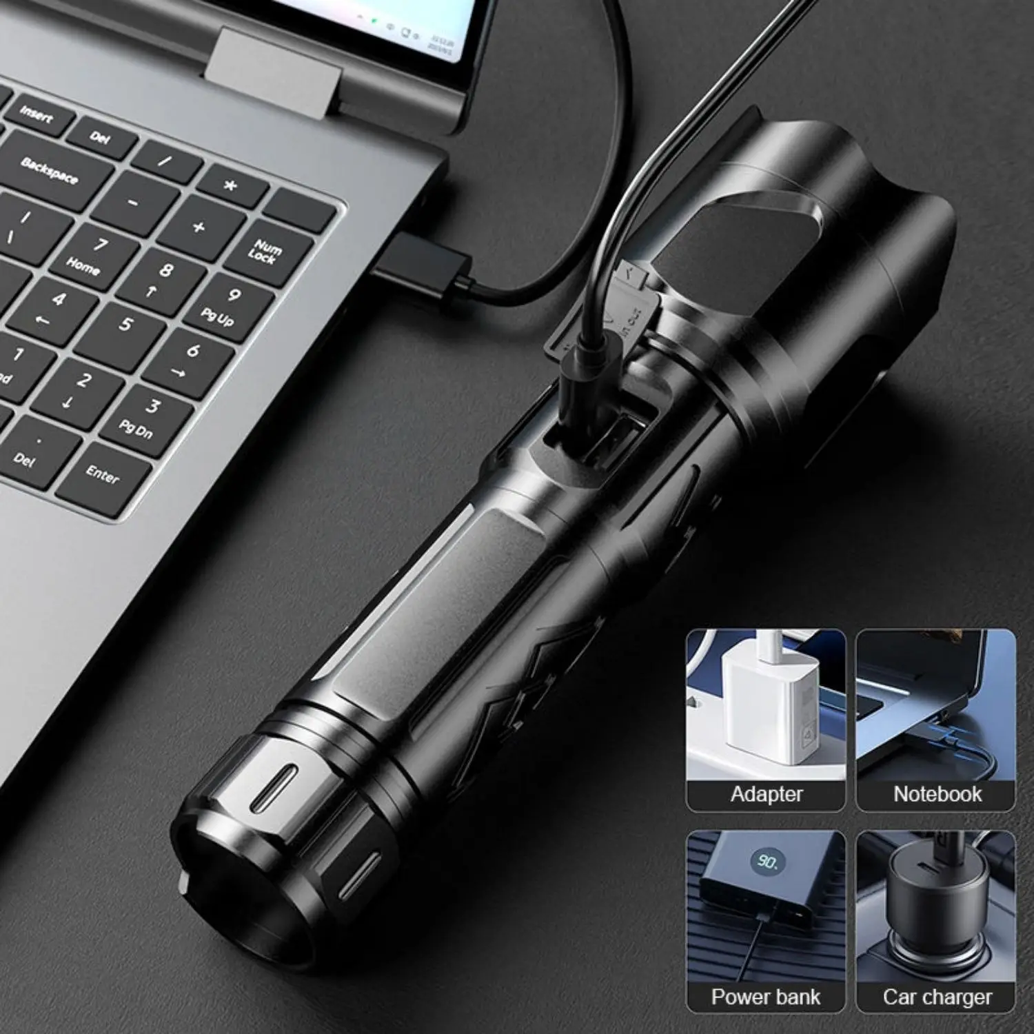 ASORT New High Quality 30W Long Range 1000m Camping Light 7 Lighting Modes USB Input and Output Zoomable LED Flashlight