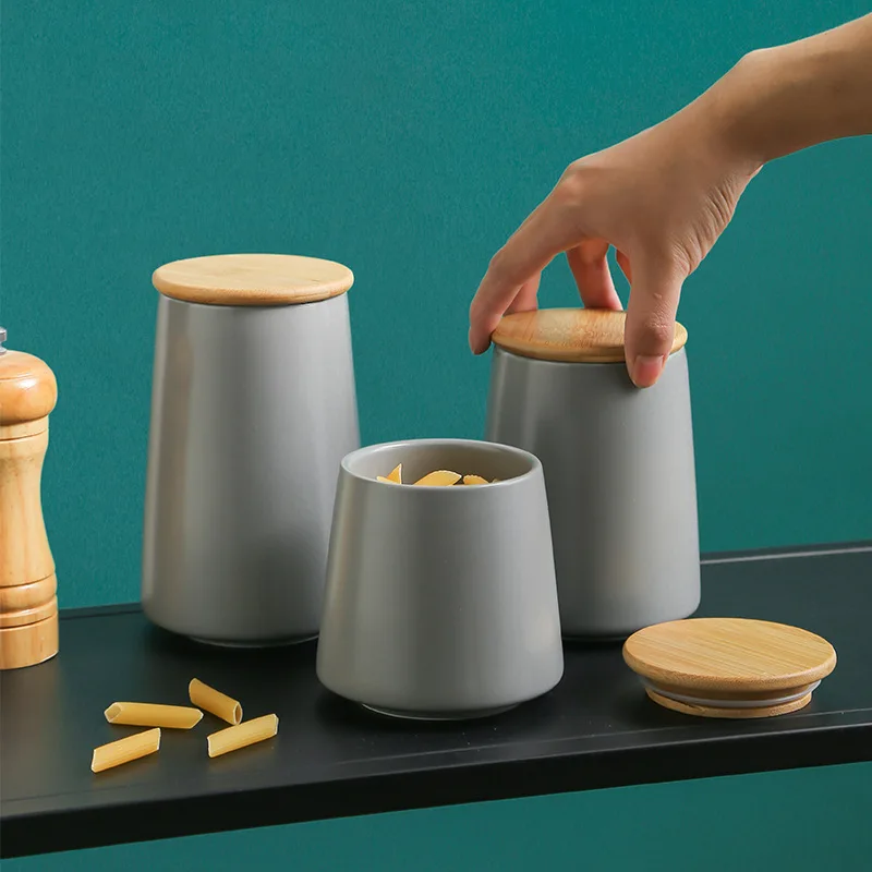 Matte Gray Ceramic Tea Canister Airtight Storage Jar Kitchen Pantry Container for Coffee Sugar Grains Nordic Style
