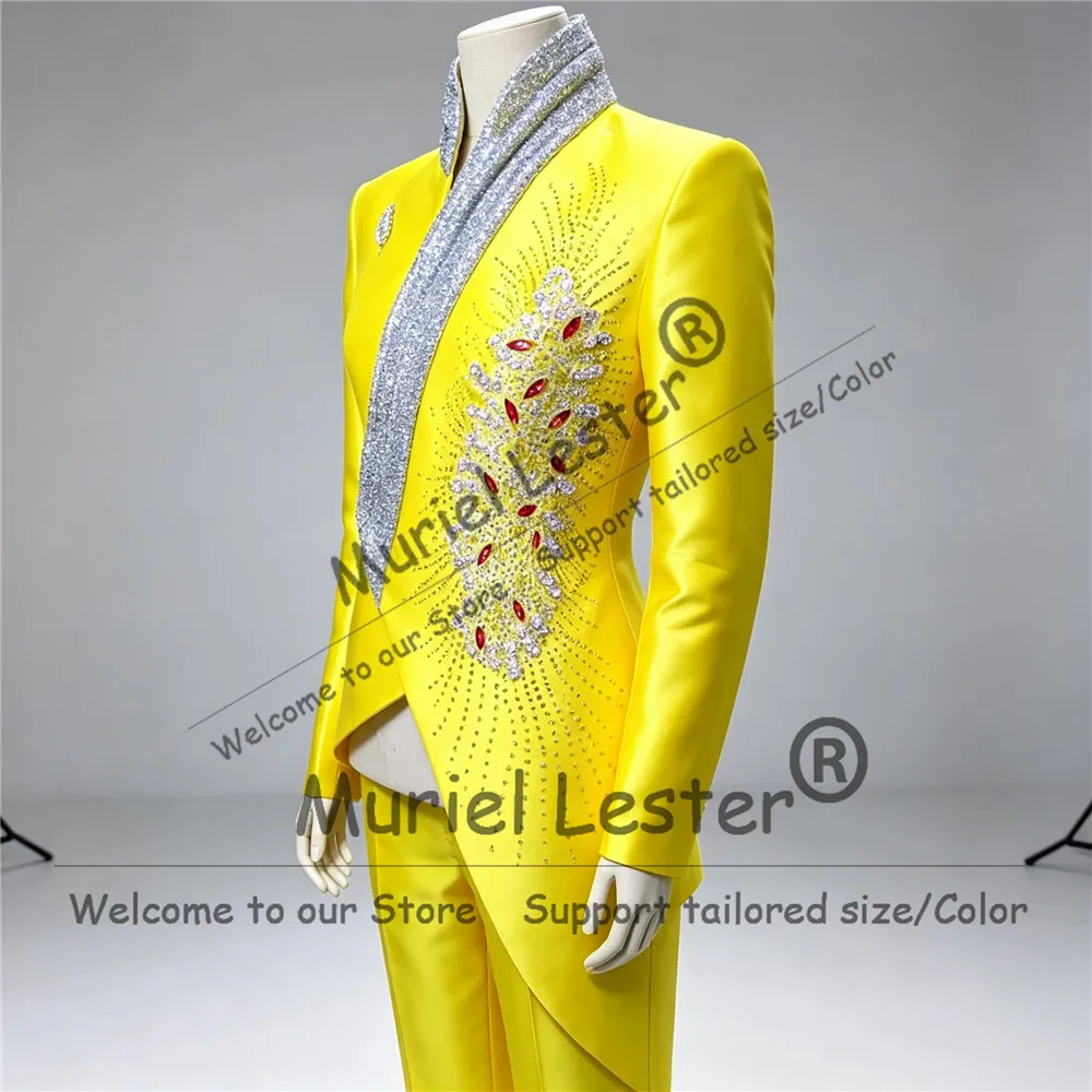 Luxury Men's Suit Formal Wear Crystals Beading Satin Jacket Pants 2 Piece Sets Unique Design Man Banquet Party Tuxedo Attire