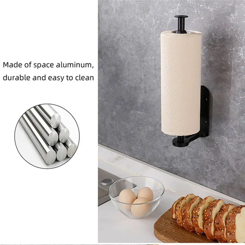 Paper Towel Holder, Easy Tear Wall Mount Under Cabinet , Aluminum Alloy Paper Roll Holder Adhesive Or Screw Black Easy Install-B
