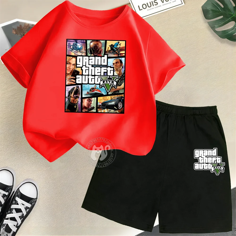 Grand Theft Auto GTA 5 Children\'s Short Sleeve Set Boys Girl Round Neck T-shirt+shorts Leisure Cotton Summer fashion Clothing