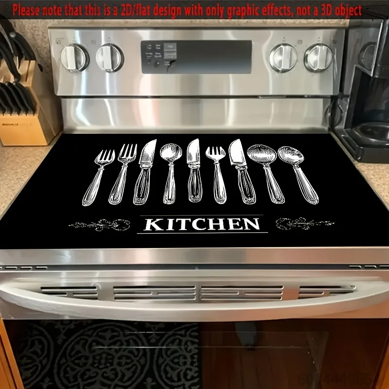 2D Flat Kitchen Utensil Pattern Stove Mat – Heat & Scratch Resistant, Non-Slip Cover for Glass Cooktops & Kitchen Decor