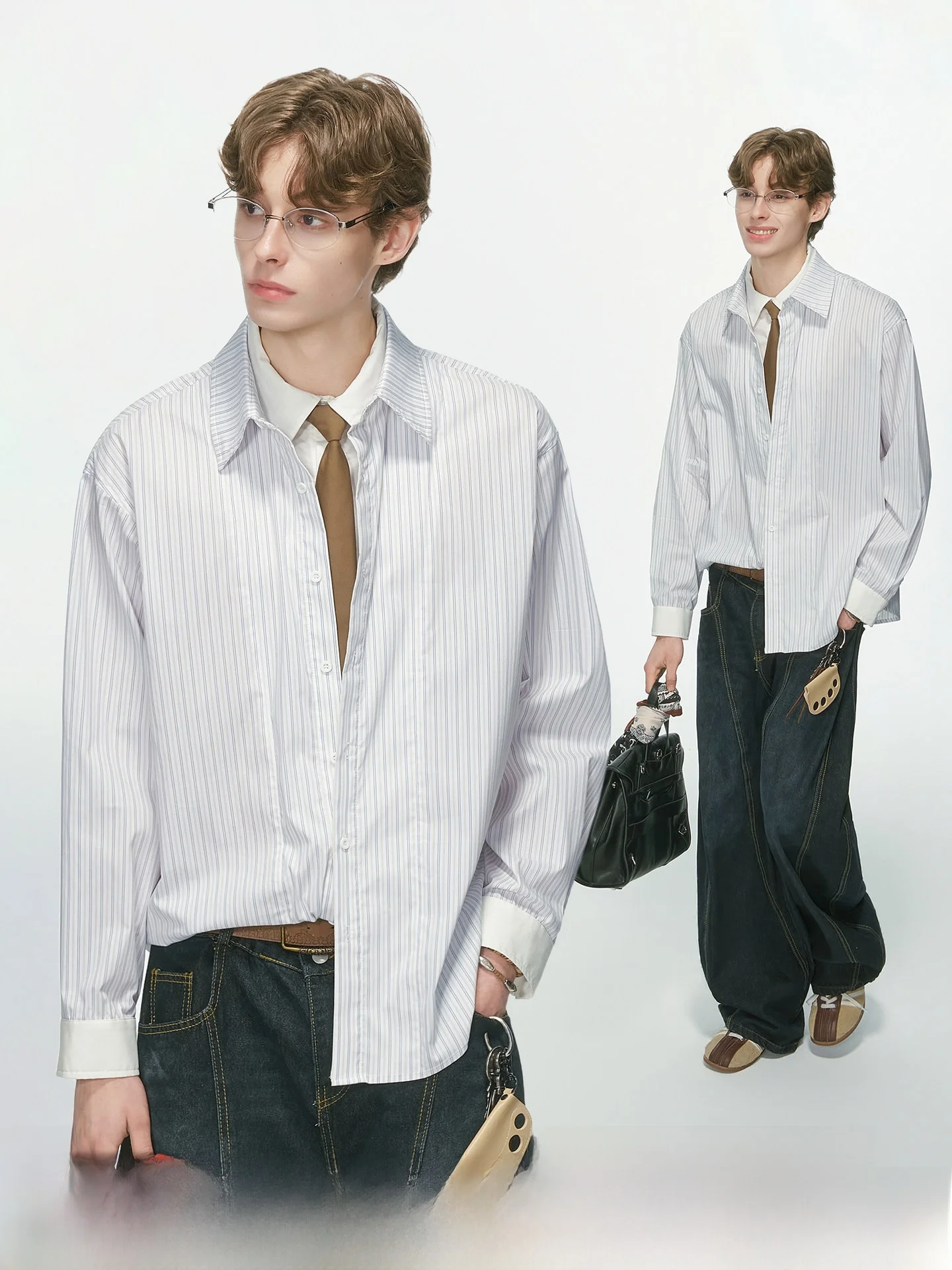 White Striped Long Sleeve Men's Shirt Commute Layering Rellson Cotton Blend Comfortable Fit Autumn Season Fashion Shirt
