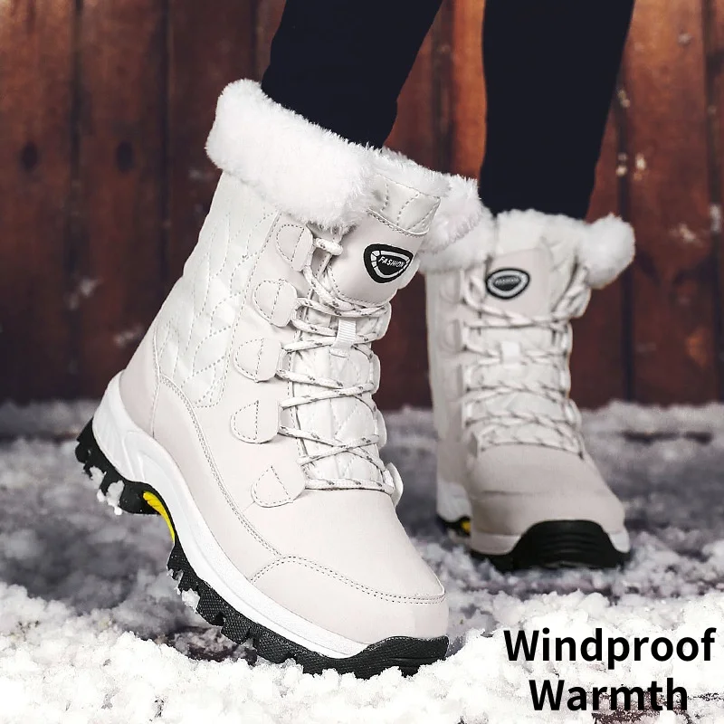 Winter Warm Snow Boots Women's Velvet Thickened Ski Riding Cotton Boots Lace Up Mid Calf Cotton Shoes Warm