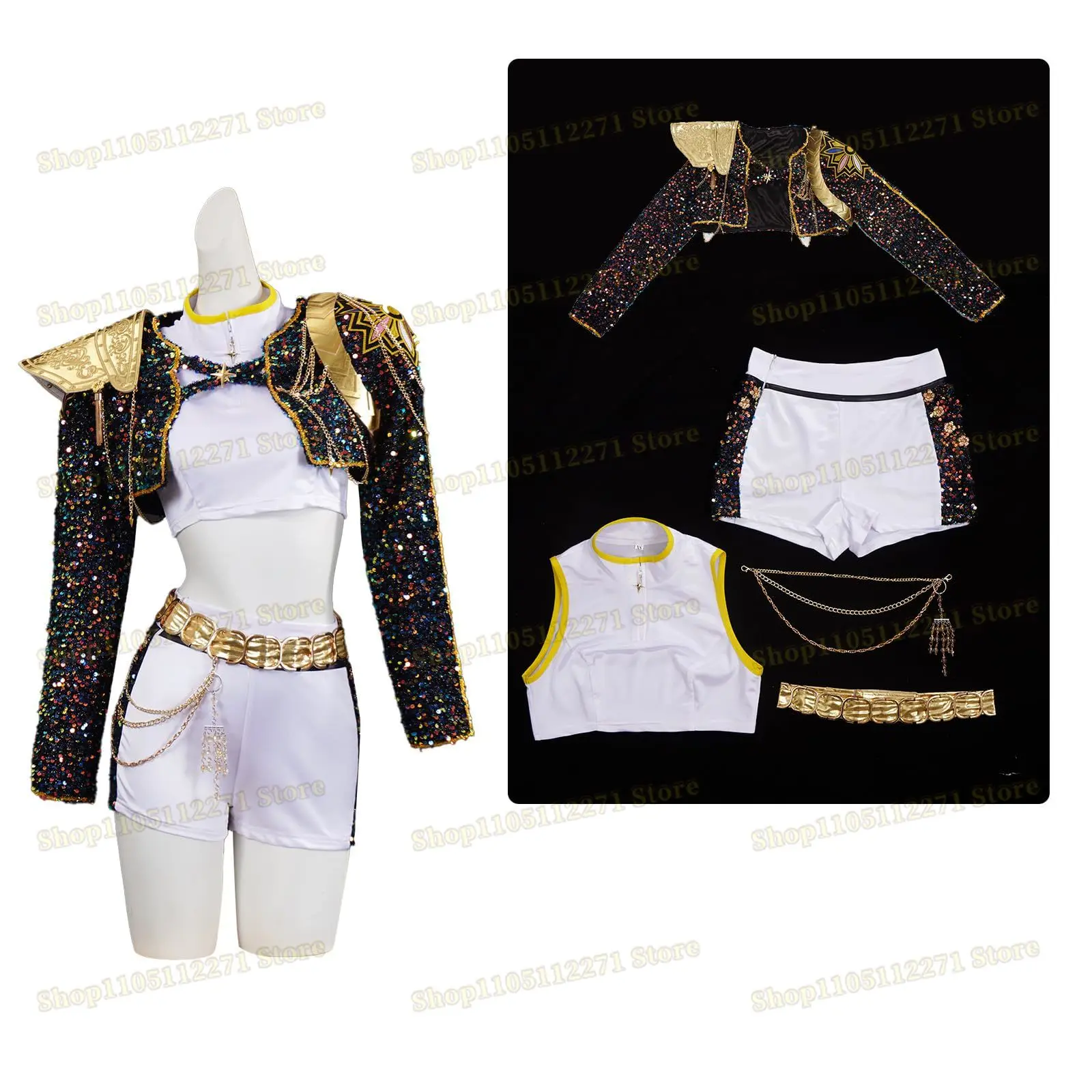 Disfraz dorado de cazadores de demonios, disfraz POP Rumi Zoey Mira, pelucas de disfraz dorado para mujer, conjunto de traje blanco para Halloween, conjunto POP de 2025 K