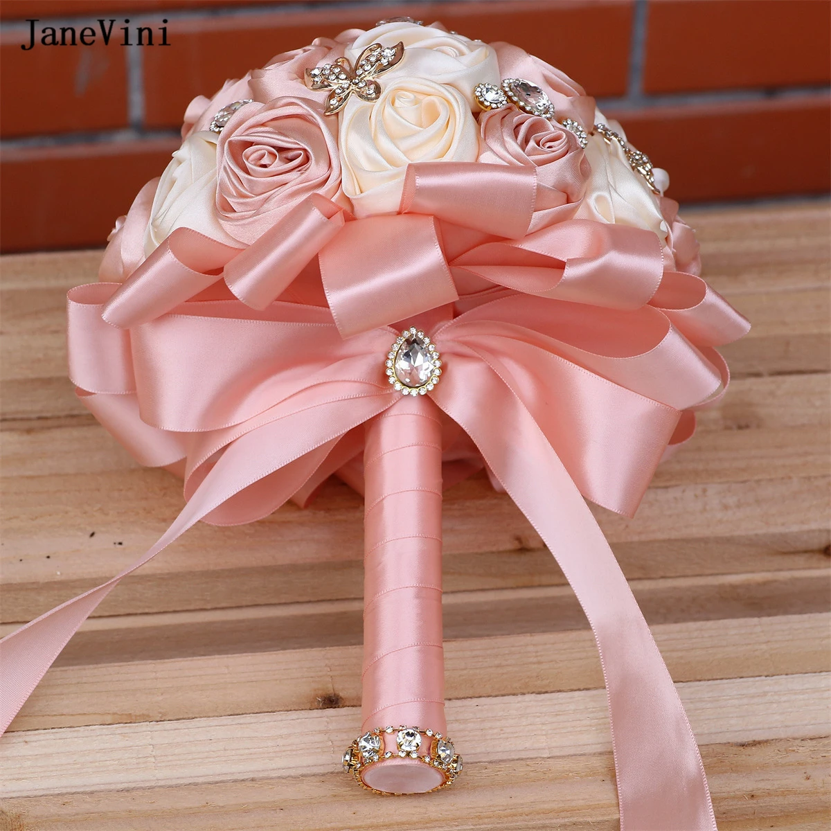 JaneVini Luxury Rhinestone Jewelry Blush Pink Bridal Bouquets Bling Crystal Artificial Satin Roses Wedding Bouquet Ramo De Novia