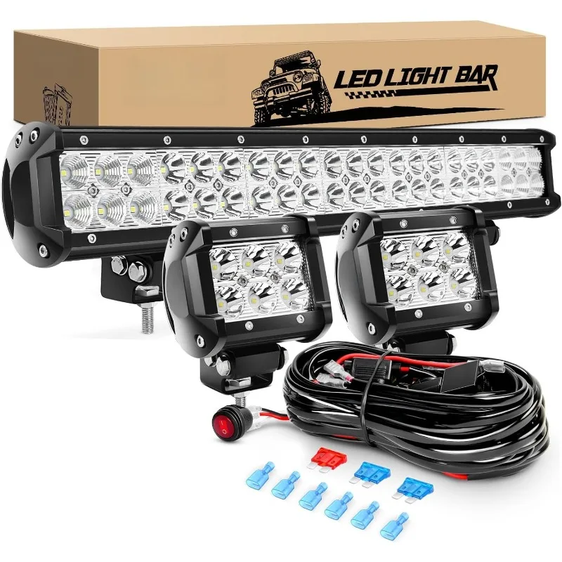 

ZH002 20 дюймов 126 Вт Spot Flood Combo Off Road Led Light Bar 2 шт. 18 Вт 4-дюймовые светодиодные стручки с комплектом жгутов проводов 16AWG-3 выводов