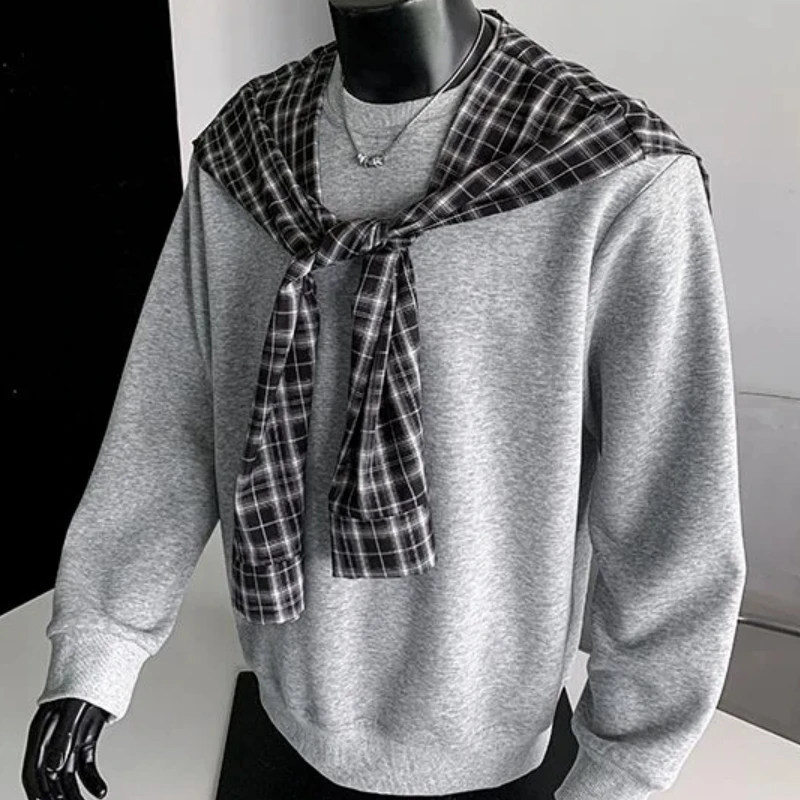 Men Autumn Fake Two Piece Sweatshirt Plaid Tie Shawl Pullover Loose Fashion Casual Top