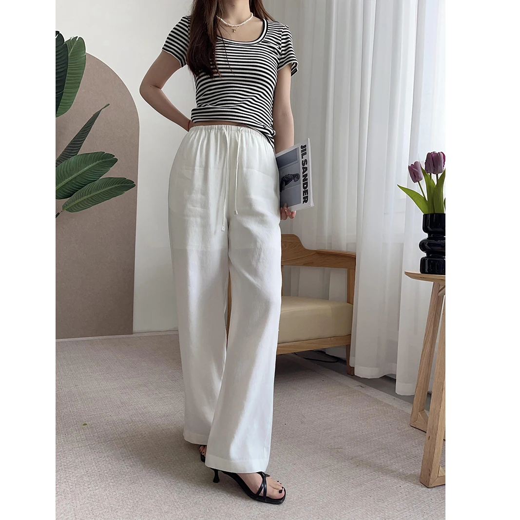

Удобные свободные льняные брюки с широкими штанинами для женщин, весна-лето, с эластичным поясом, повседневные, легко носить, дышащие