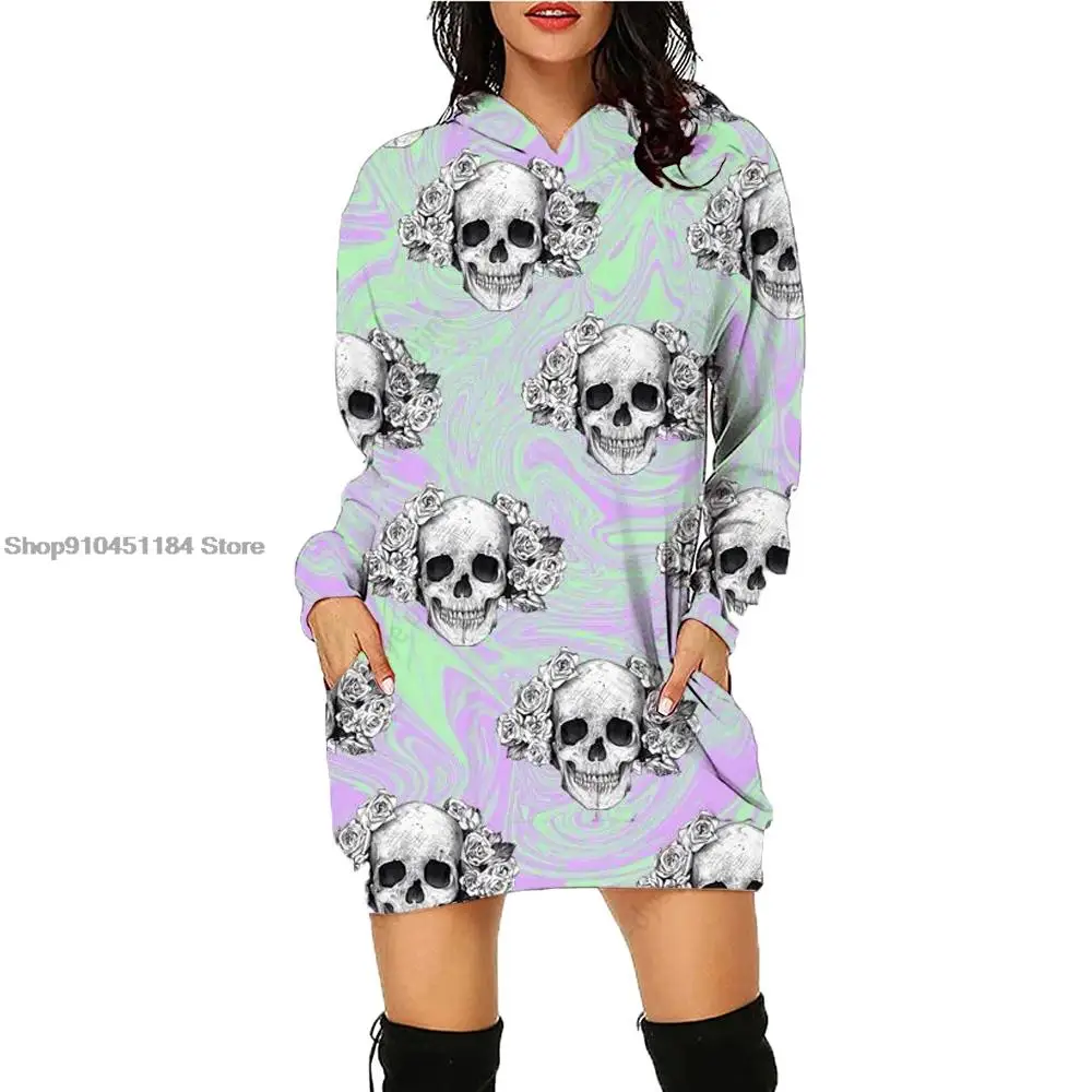 Fashion Sweatshirt Dresses for Women Skull print Pocket Hooded Casual Dress Autumn Long Sleeve Loose Versatile Retro Dress