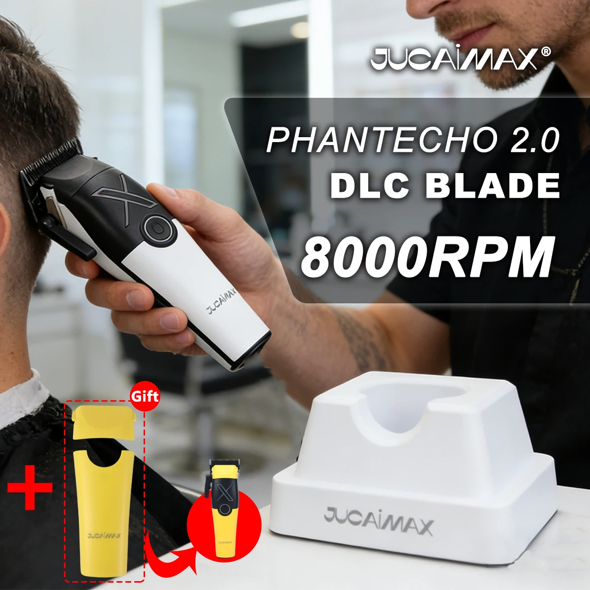 Cortadora de Pelo Profesional JUCAI X-01 para Hombre, Cuchilla PHANTECHO2.0 DLC, Motor sin Escobillas con Base, Máquina de Corte de Pelo Profesional