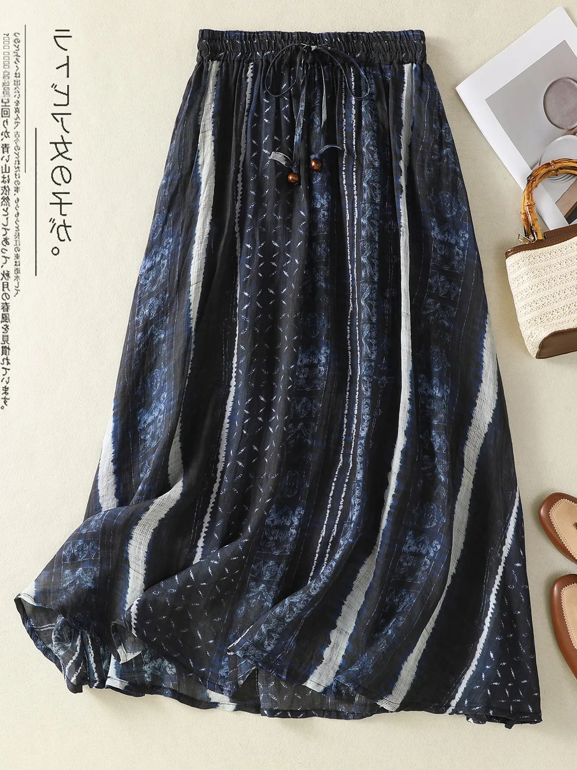 

Юбка миди с высокой талией для женщин больших размеров, синего цвета, с восковым принтом, А-силуэт, этнический стиль, для повседневной носки, художественная, свободного кроя, летняя юбка