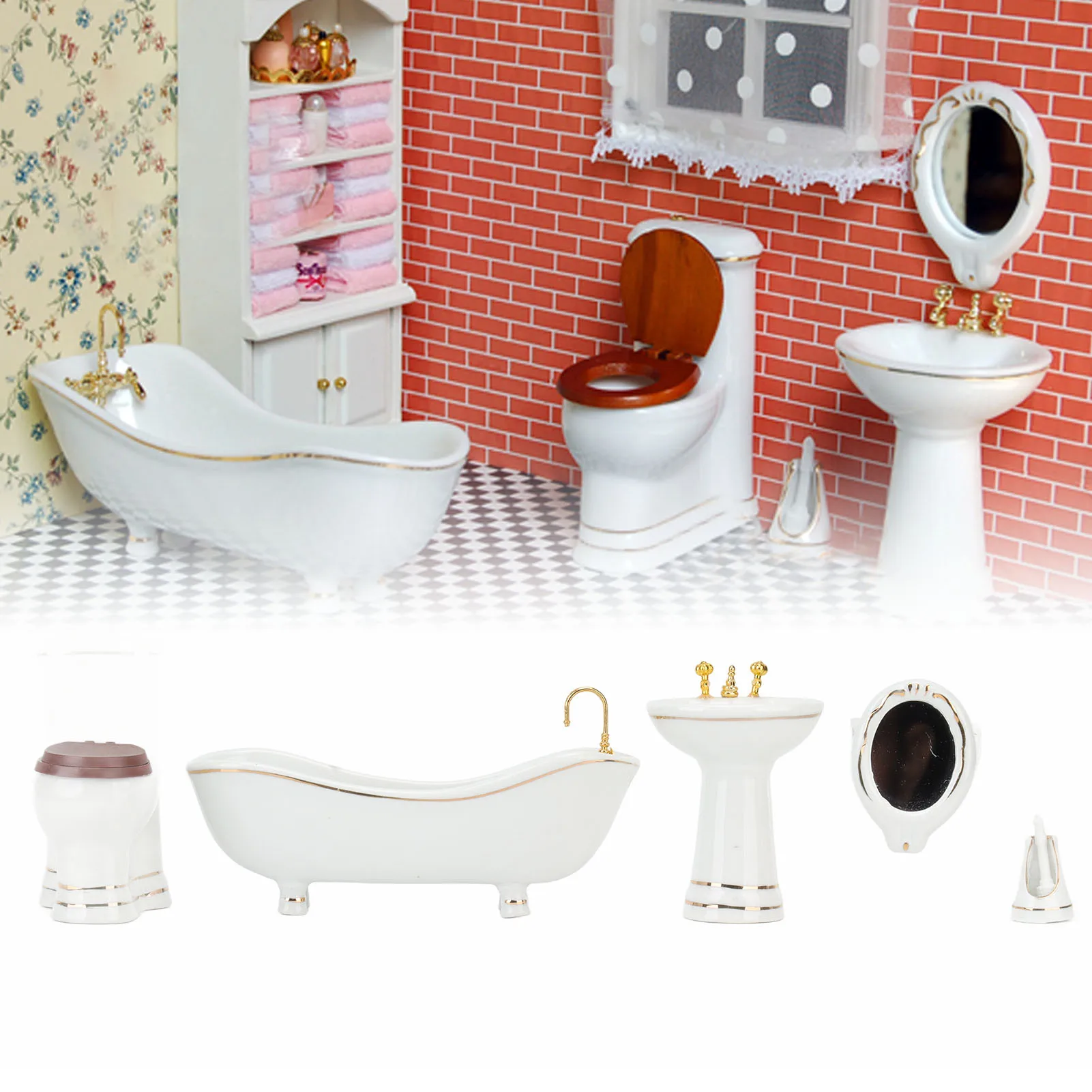 

ZK30 5 Pieces 1:12 Dollhouse Bathroom Set Cute Beautiful Porcelain Dollhouse Miniature Furniture Toys Dollhouse Accessories