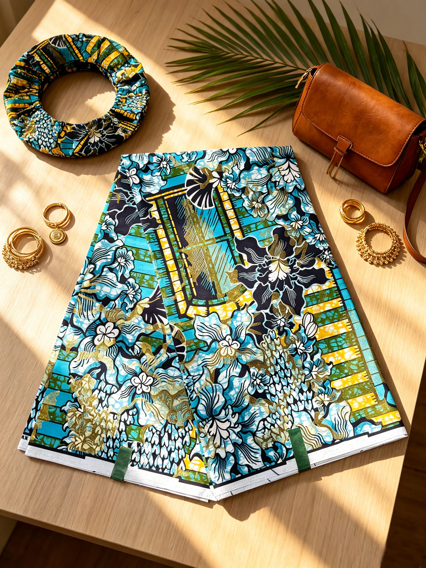 African Gold Sand Wax Fabric Turquoise Blue Floral Ankara Print 6Yards Cotton Batik Pagne Material For Women Party Dress Sewing view 5