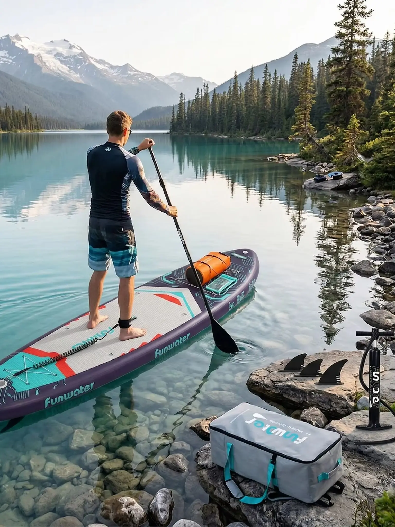 Extra breites, aufblasbares Stand-Up-Paddleboard Funwater SUPFW50B, 350 x 90 x 15 cm, Tragfähigkeit ab 200 kg, Mecha-Design in Lila und Türkis, Stand-Up-Paddleboard zum Angeln auf Seen, für Yoga und