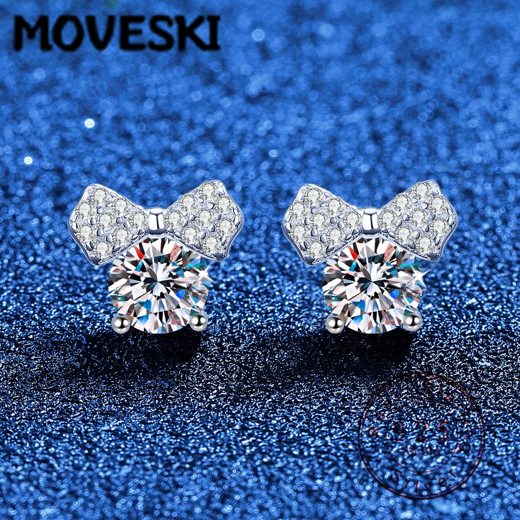 

925 Sterling Silver Moissanite Stud Earrings for Women Bow-knot Design Sparkling Fine Jewelry Wedding Party Gift