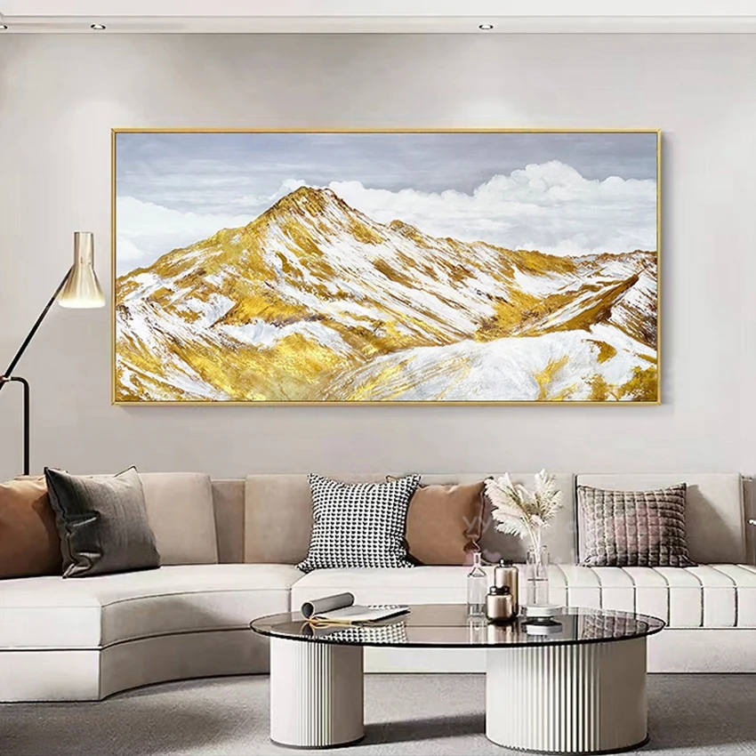 Nordic Snow Covered Golden Mountains Abstract Painting Pure Handmade Oil Painting Home Decoration Bedding Dining Room Mural