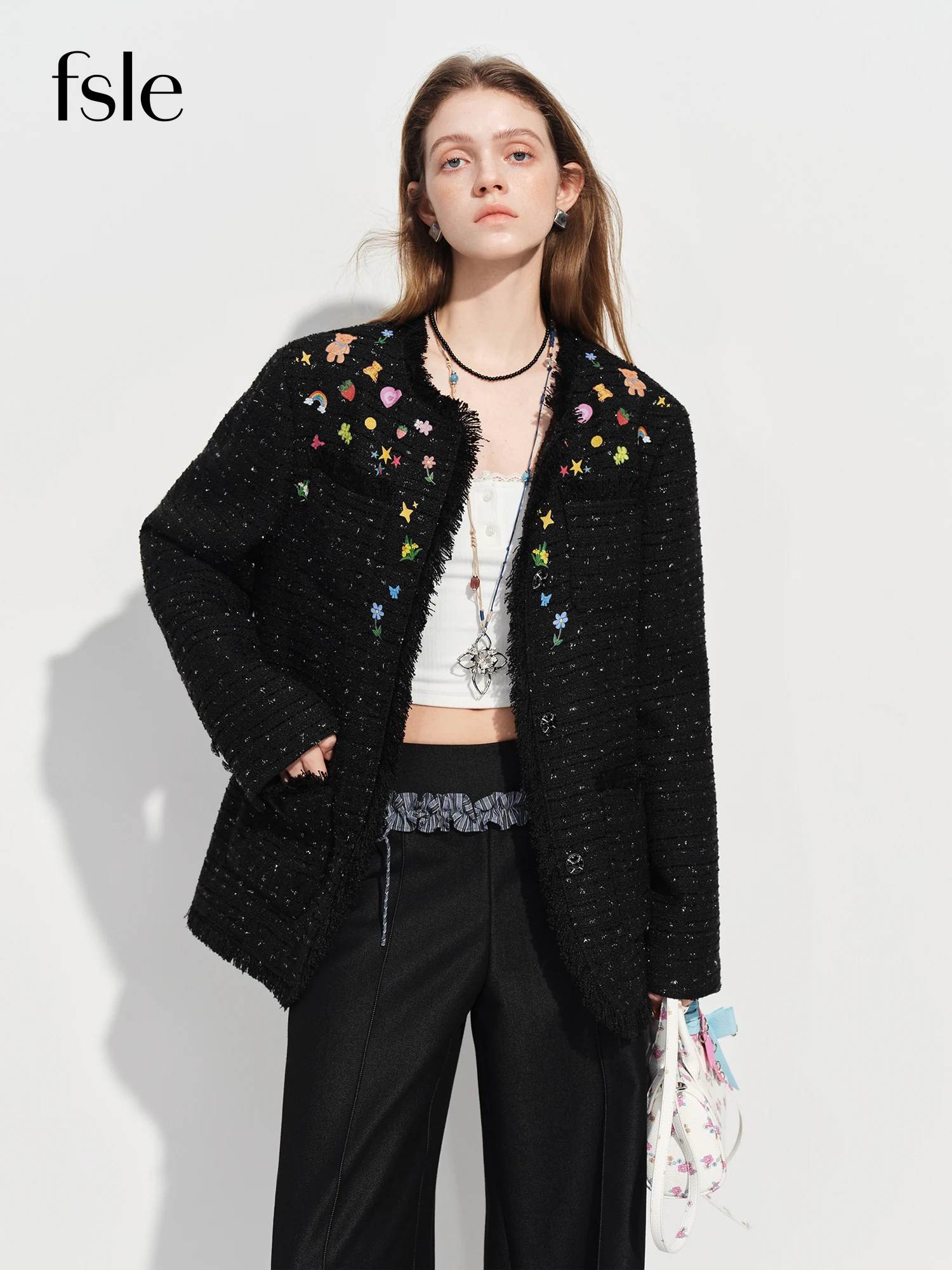 

FSLE Hand-painted Design Fashion-style Short Tweed Jacket New Winter Streetwear Elegant Sophisticated Ins Temperament