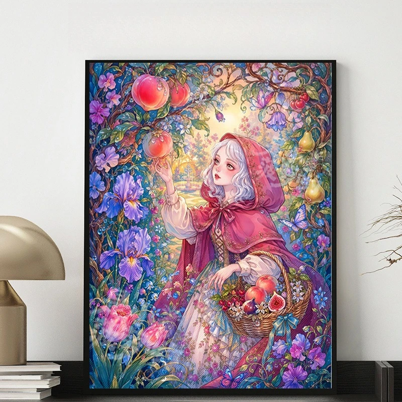 Diamond Painting Wearing Red Cape Women Picking Fresh Fruit Theme Mosaic Handmade Artwork Round/Square Diamonds Gift Home Decor