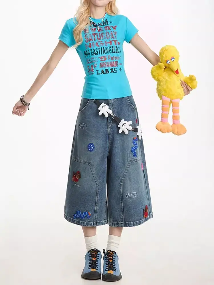 Aesthetic Vintage Embroidery Loose Jeans Women Summer New Design High-waist Straight Leg Pants Casual Retro Blue Cowboy Pants