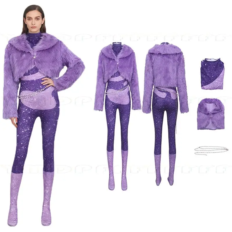 Anime nuevo cantante femenina Shakira cosplay conjunto piel de cabra abrigo púrpura mono cintura cadena traje de escenario Navidad y Halloween ho
