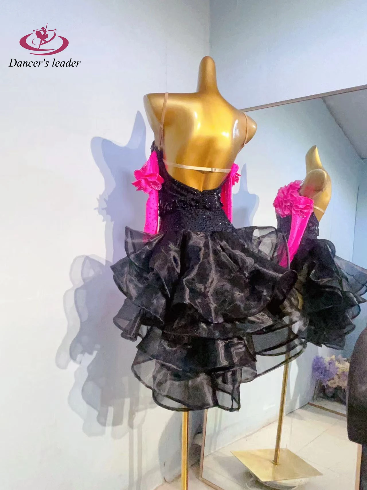 Latin Dance Practice Stage Women's Clothing High-end Custom Black Mesh Skirt Samba Rhinestone Clothing Dress