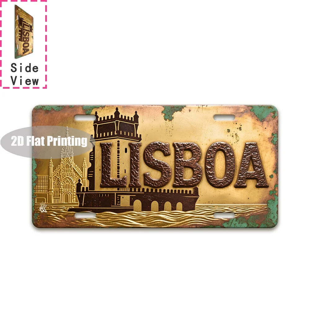 Lisboa Belém Tower Landmark 2D Flat Printing License Plate Style Metal Tin Sign, Portuguese Historic City Themed Decorative Alum
