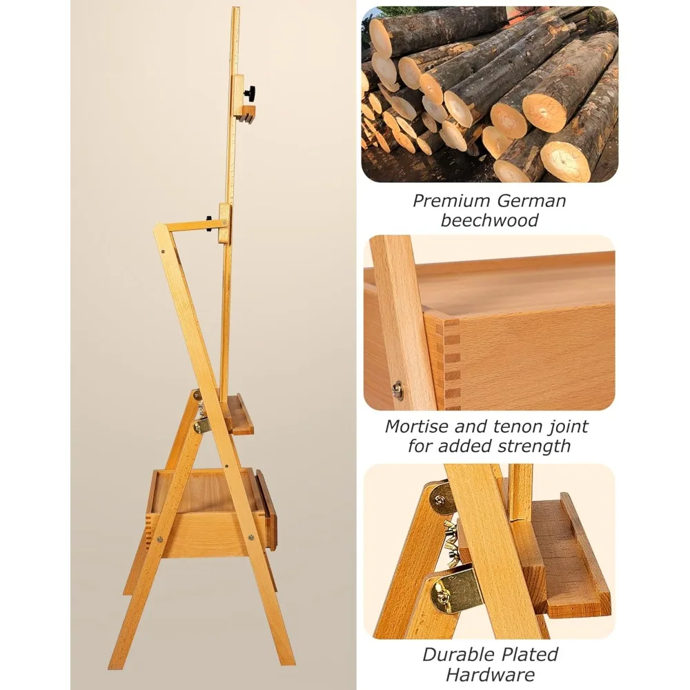 حامل كبير بإطار على شكل حرف H مع درج تخزين، ارتفاع 75 بوصة قابل للتعديل، حامل رسم من خشب الزان الصلب للطلاب البالغين #4