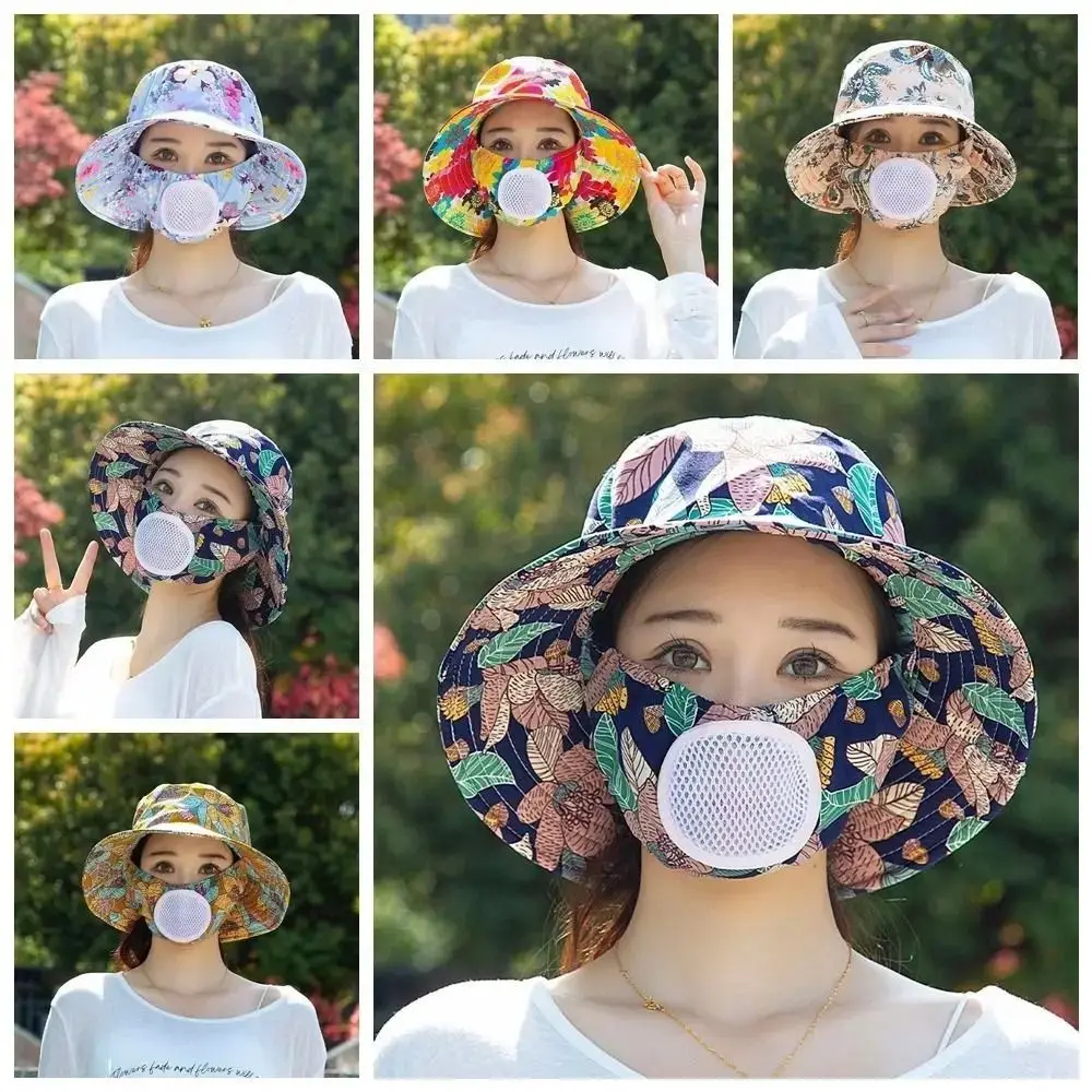 Outdoor Floral Tea Picking Cap Anti-UV with Breathing Hole Mask Sun Hat Neck Protection Wide Brim Sunscreen Mask Hat Summer